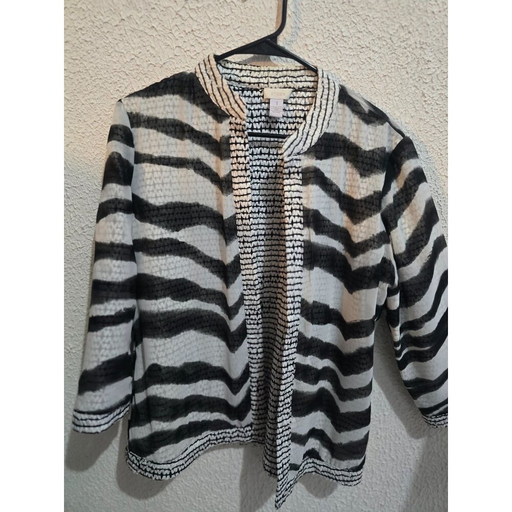 Chicos Womens Black & White Zebra Print Open Front Jacket Size 1